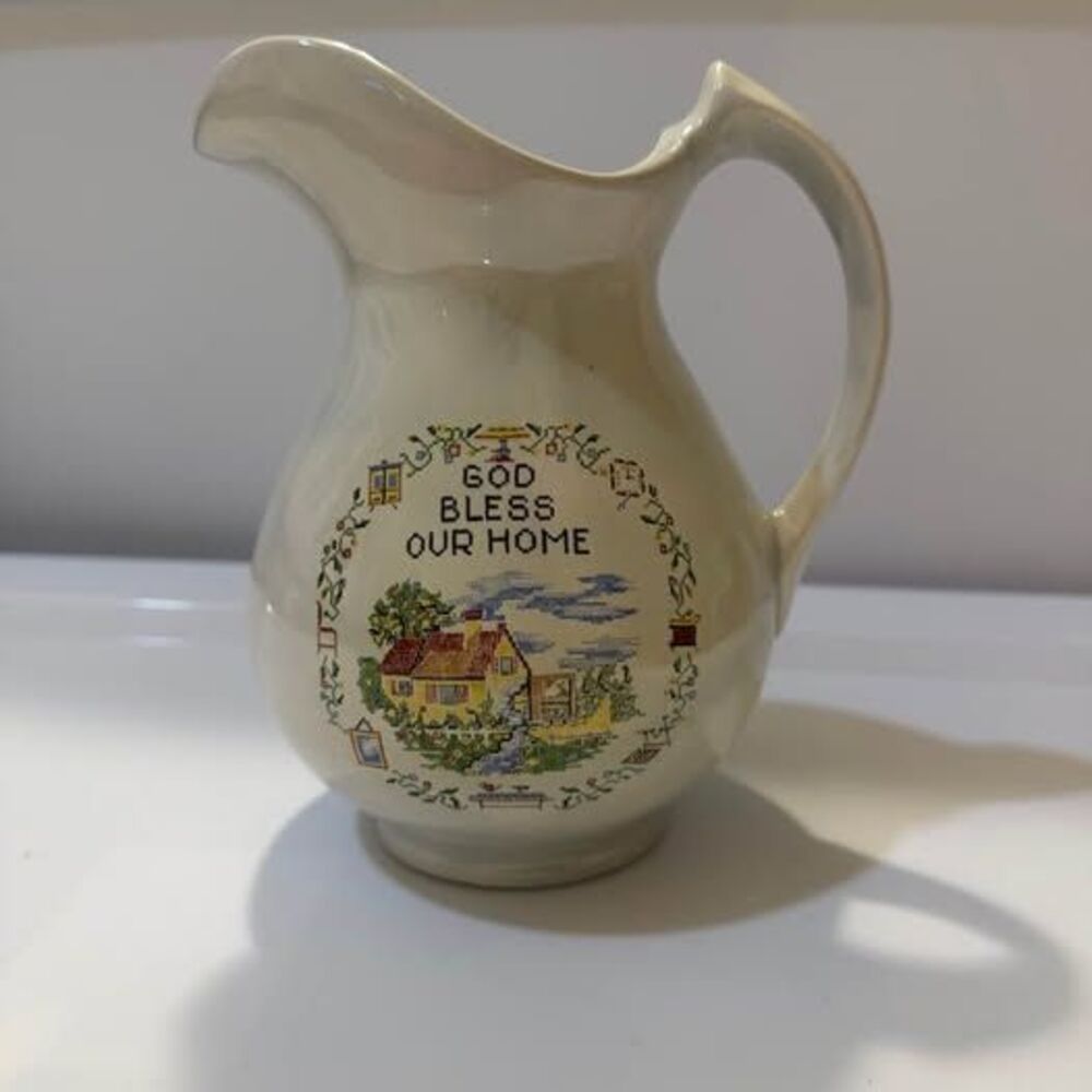 Vintage Lusterware Ceramic Pitcher God Bless Our Home Cottagecore Jug
